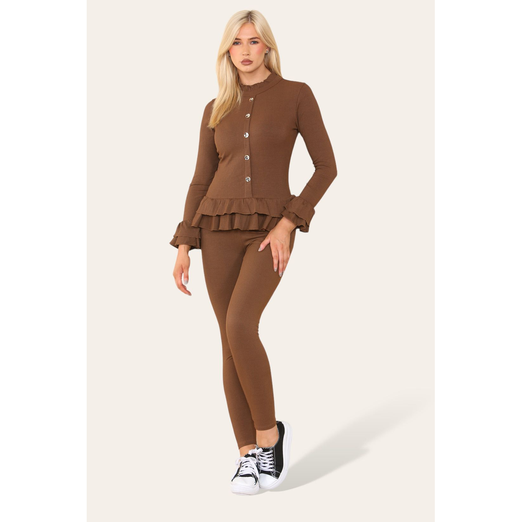Long Sleeves Peplum Front Buttons Frilled Hem Lounge Wear Set