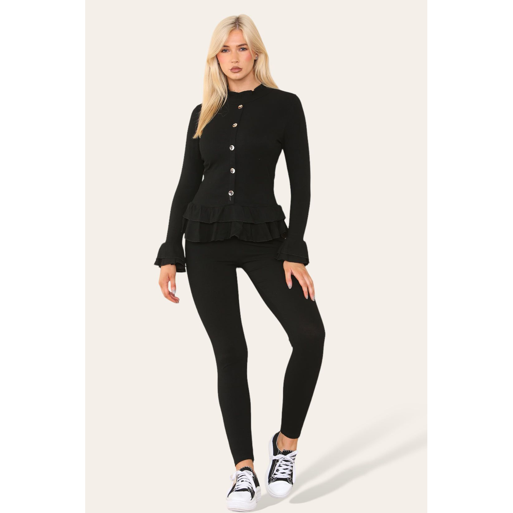 Long Sleeves Peplum Front Buttons Frilled Hem Lounge Wear Set