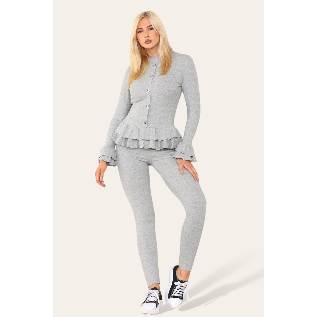 Long Sleeves Peplum Front Buttons Frilled Hem Lounge Wear Set