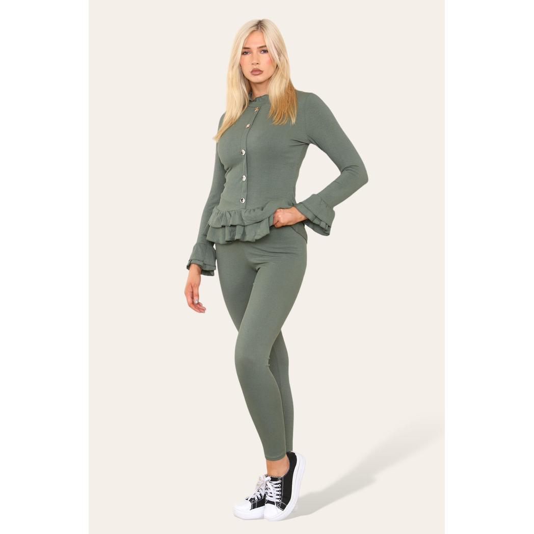 Long Sleeves Peplum Front Buttons Frilled Hem Lounge Wear Set