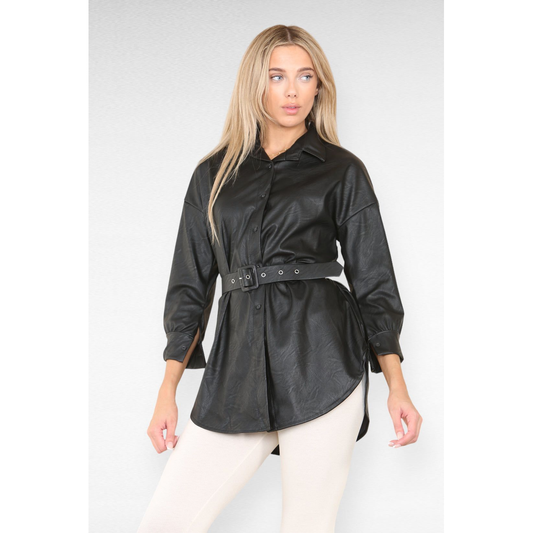 PU Faux Leather Belted Wet Look Shirt Dress