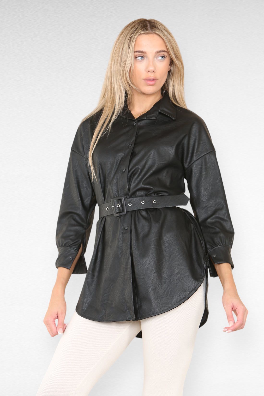 PU Faux Leather Belted Wet Look Shirt Dress