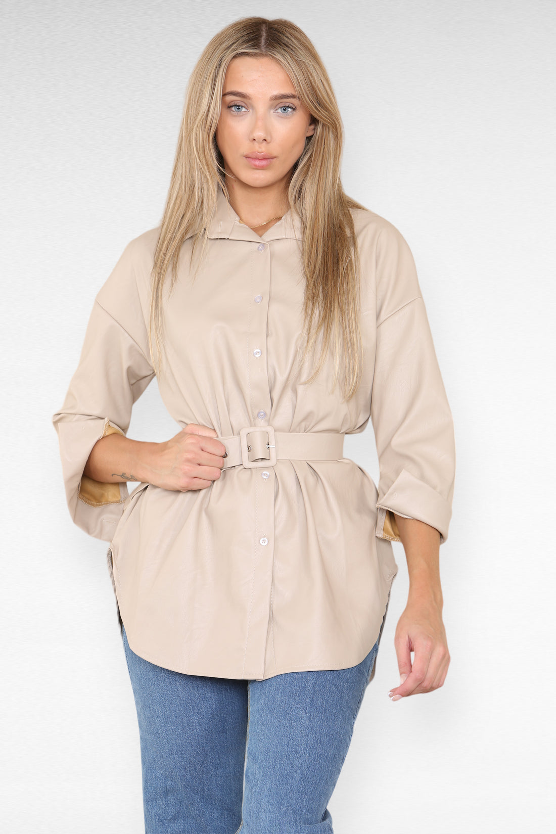 PU Faux Leather Belted Wet Look Shirt Dress