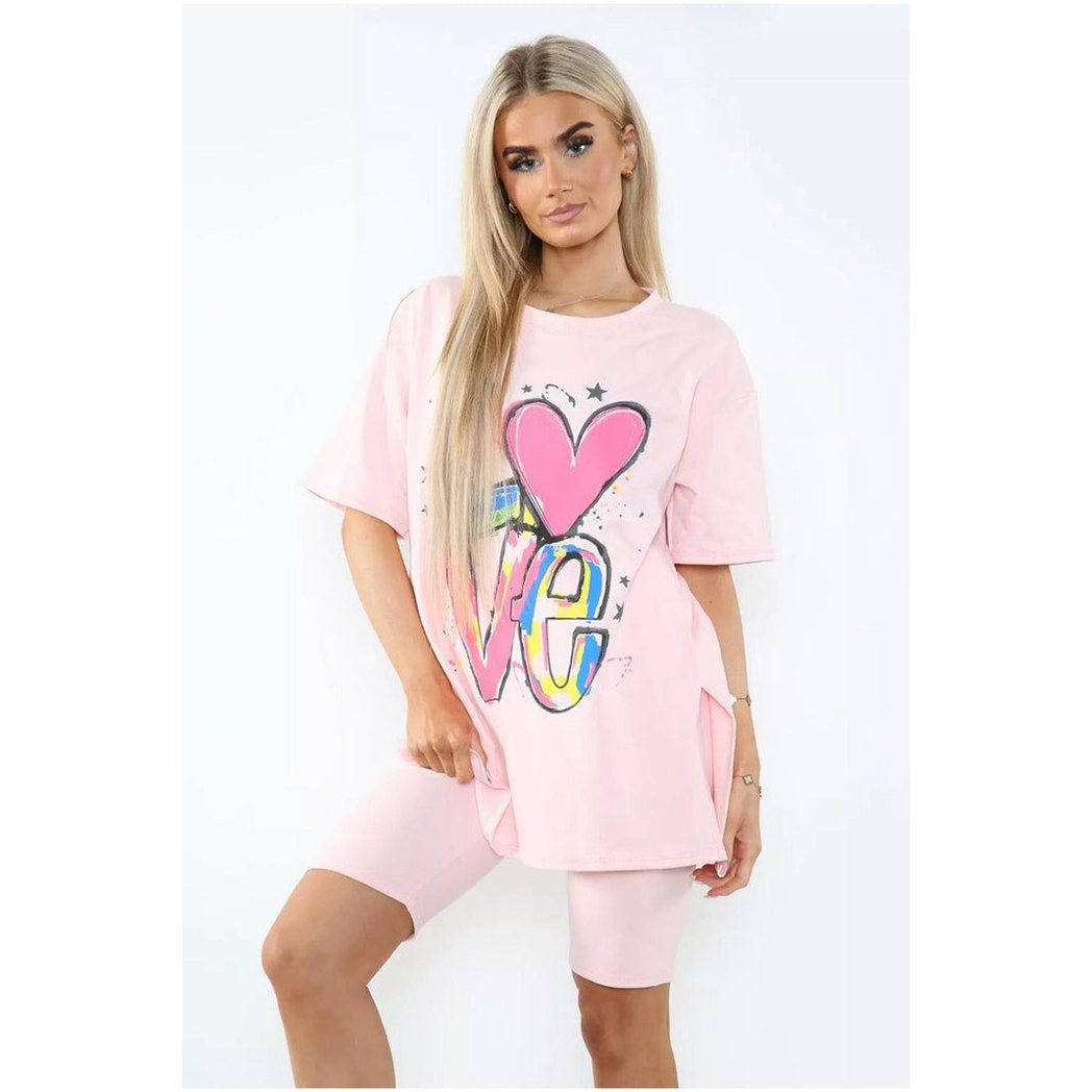 Love Side Slit Cycling Short and T-Shirts Co-Ord Two Piece Set with Front Love Slogan