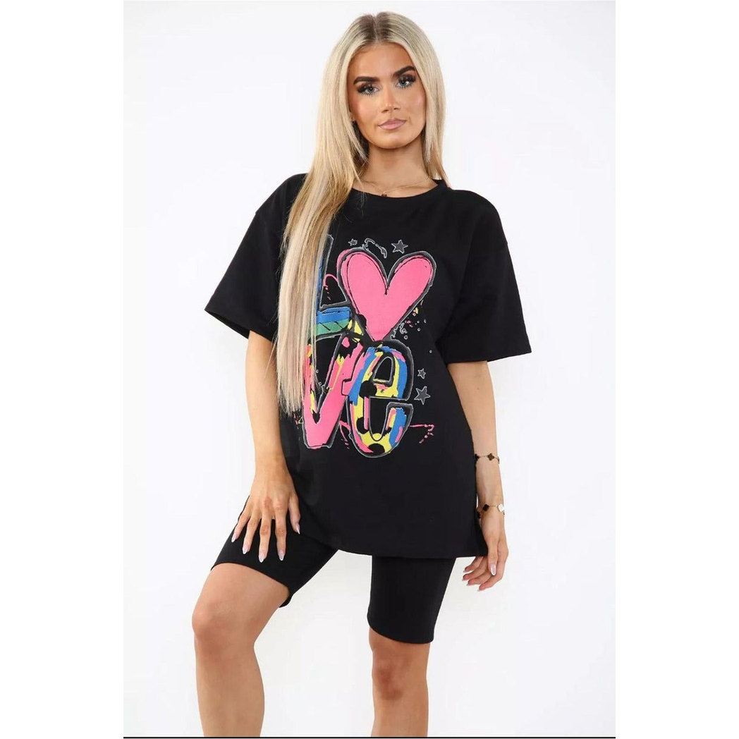 Love Side Slit Cycling Short and T-Shirts Co-Ord Two Piece Set with Front Love Slogan