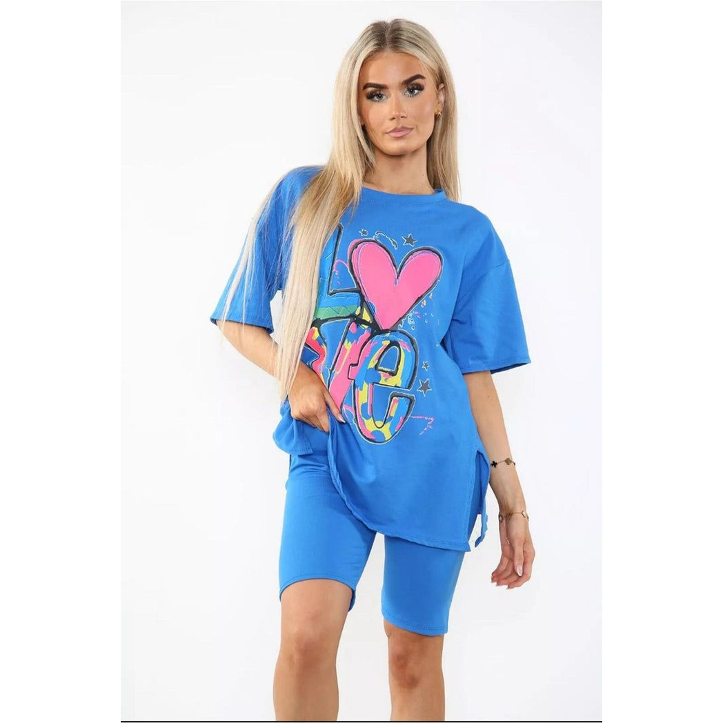 Love Side Slit Cycling Short and T-Shirts Co-Ord Two Piece Set with Front Love Slogan