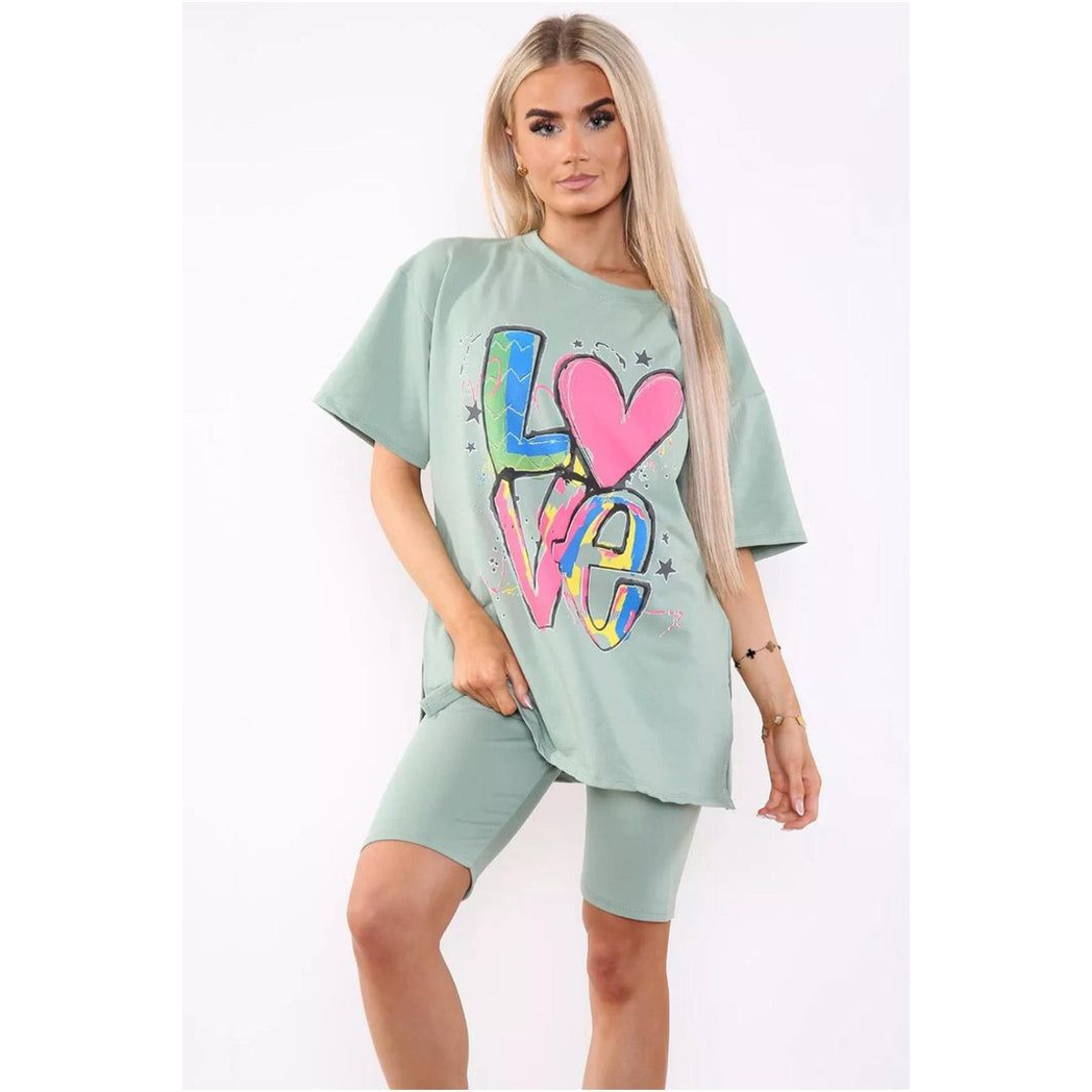 Love Side Slit Cycling Short and T-Shirts Co-Ord Two Piece Set with Front Love Slogan
