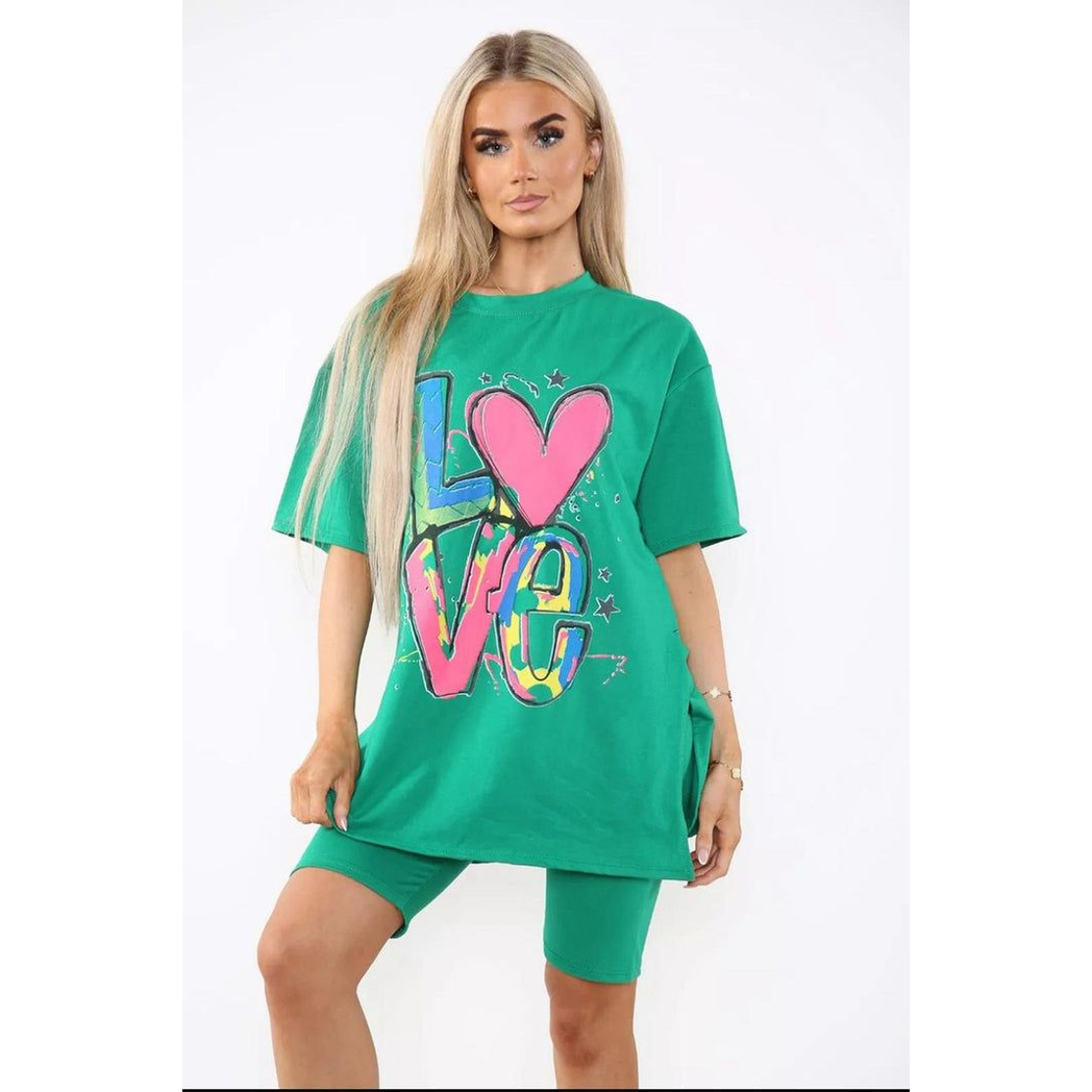 Love Side Slit Cycling Short and T-Shirts Co-Ord Two Piece Set with Front Love Slogan