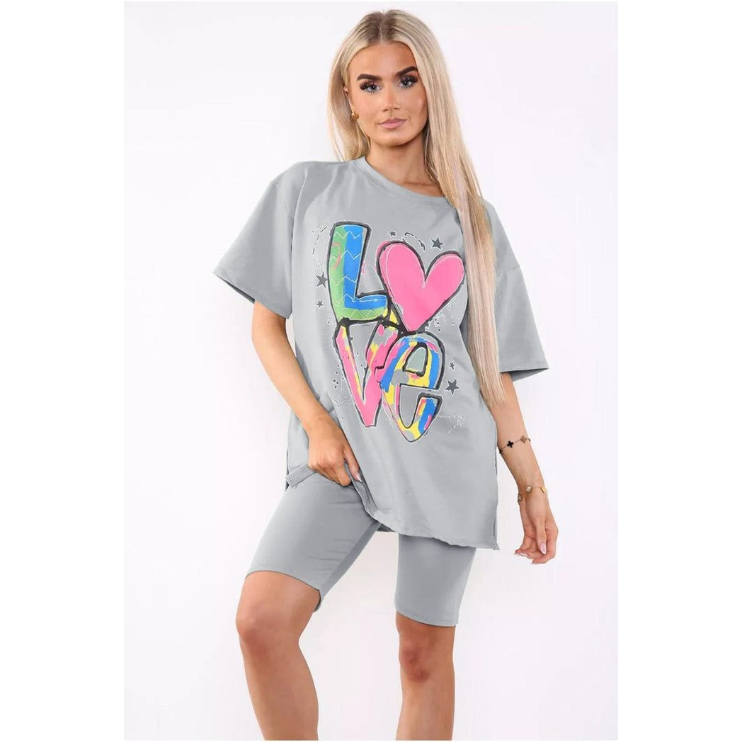 Love Side Slit Cycling Short and T-Shirts Co-Ord Two Piece Set with Front Love Slogan