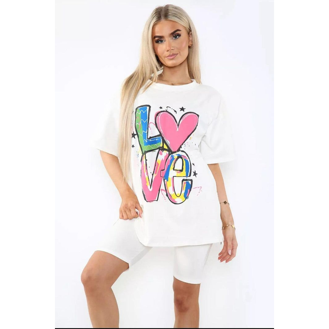 Love Side Slit Cycling Short and T-Shirts Co-Ord Two Piece Set with Front Love Slogan