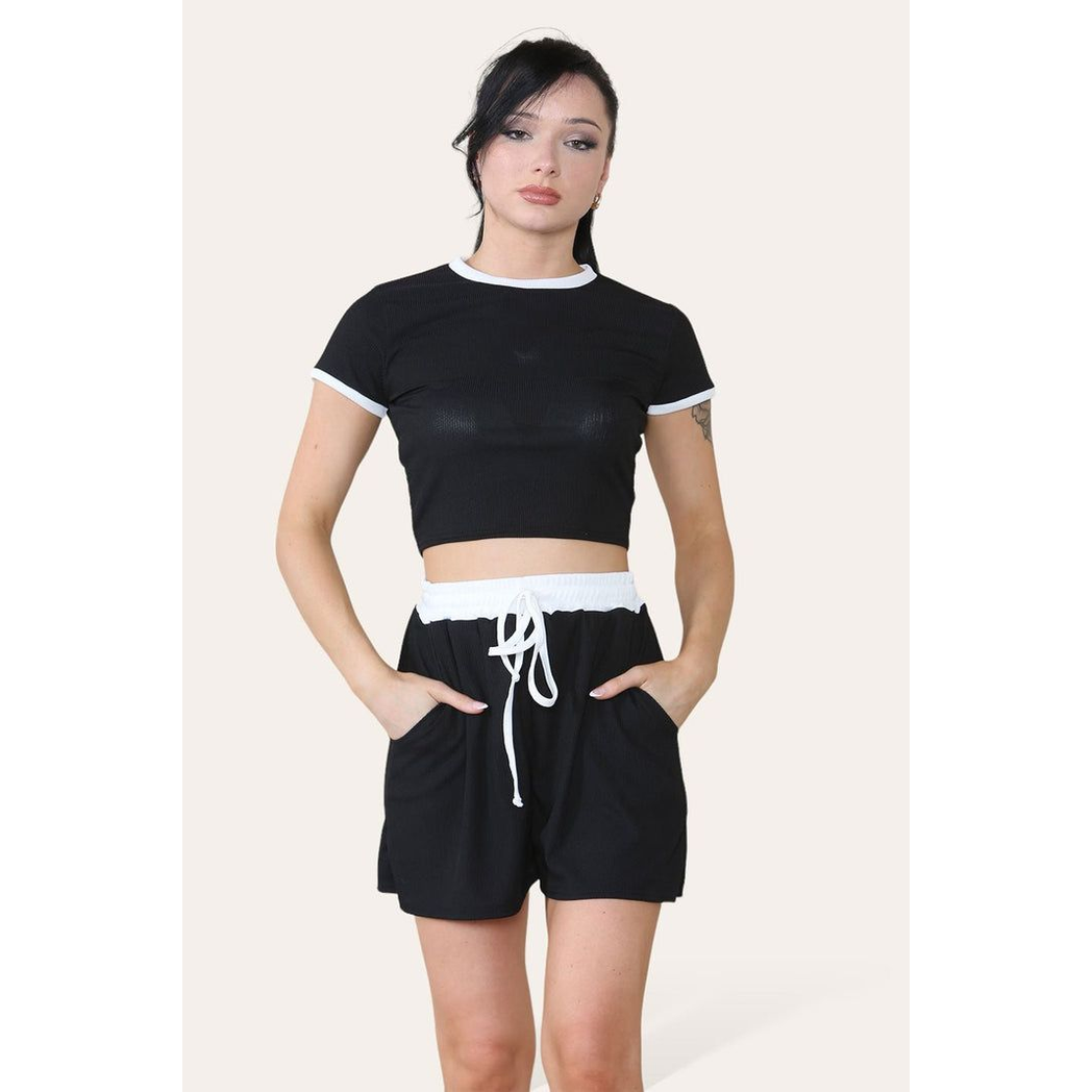 Ribbed Contrast Waistband Top and Short Set