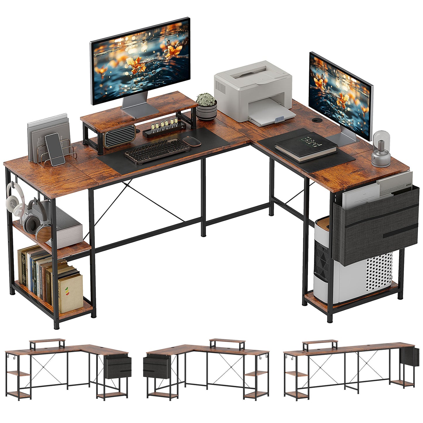 HOMCOM L-Shaped Desk 168cm | Reversible Corner Desk & 240cm Two-Person Workstation – Black/Rustic Brown