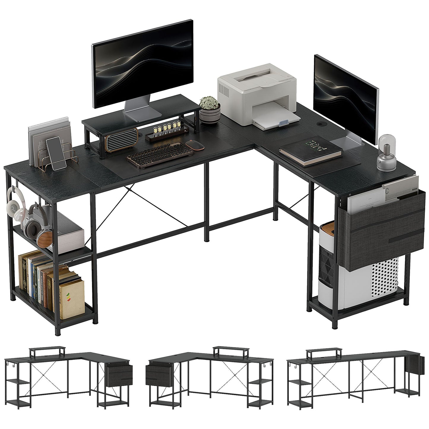 HOMCOM L-Shaped Desk 168cm | Reversible Corner Desk & 240cm Two-Person Workstation – Black/Rustic Brown