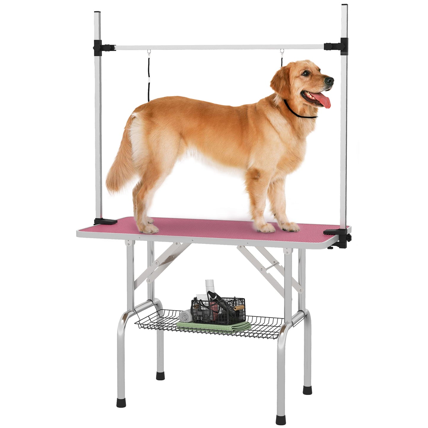 PawHut Adjustable Dog Grooming Table | Rubber Non-Slip Top, 2 Safety Slings, Mesh Basket – Pink