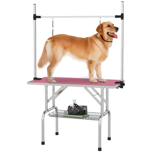 PawHut Adjustable Dog Grooming Table | Rubber Non-Slip Top, 2 Safety Slings, Mesh Basket – Pink