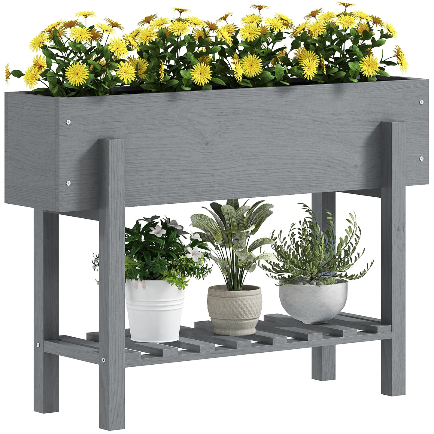 Outsunny Wooden Raised Garden Bed with Bed Liner & Storage Shelf | Grey or Natural