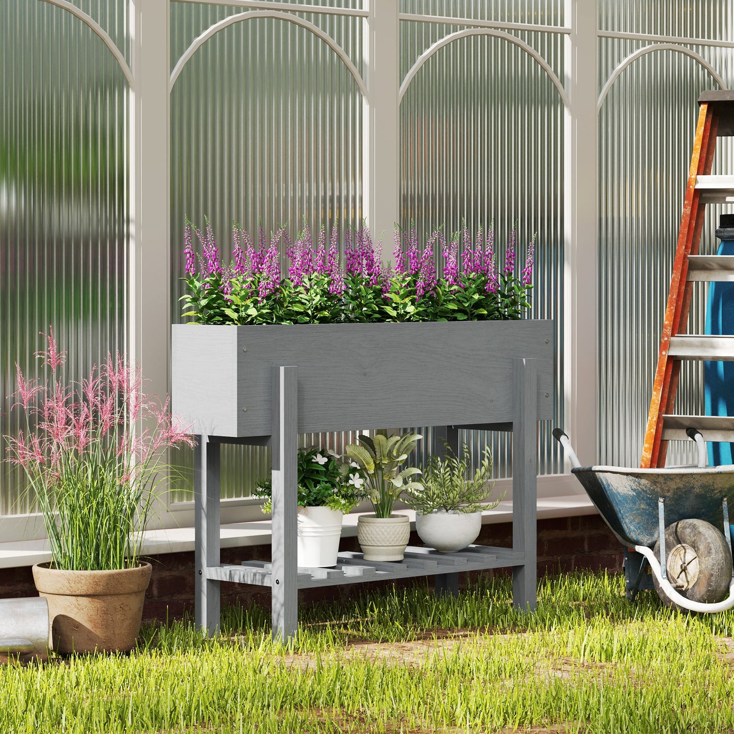 Outsunny Wooden Raised Garden Bed with Bed Liner & Storage Shelf | Grey or Natural