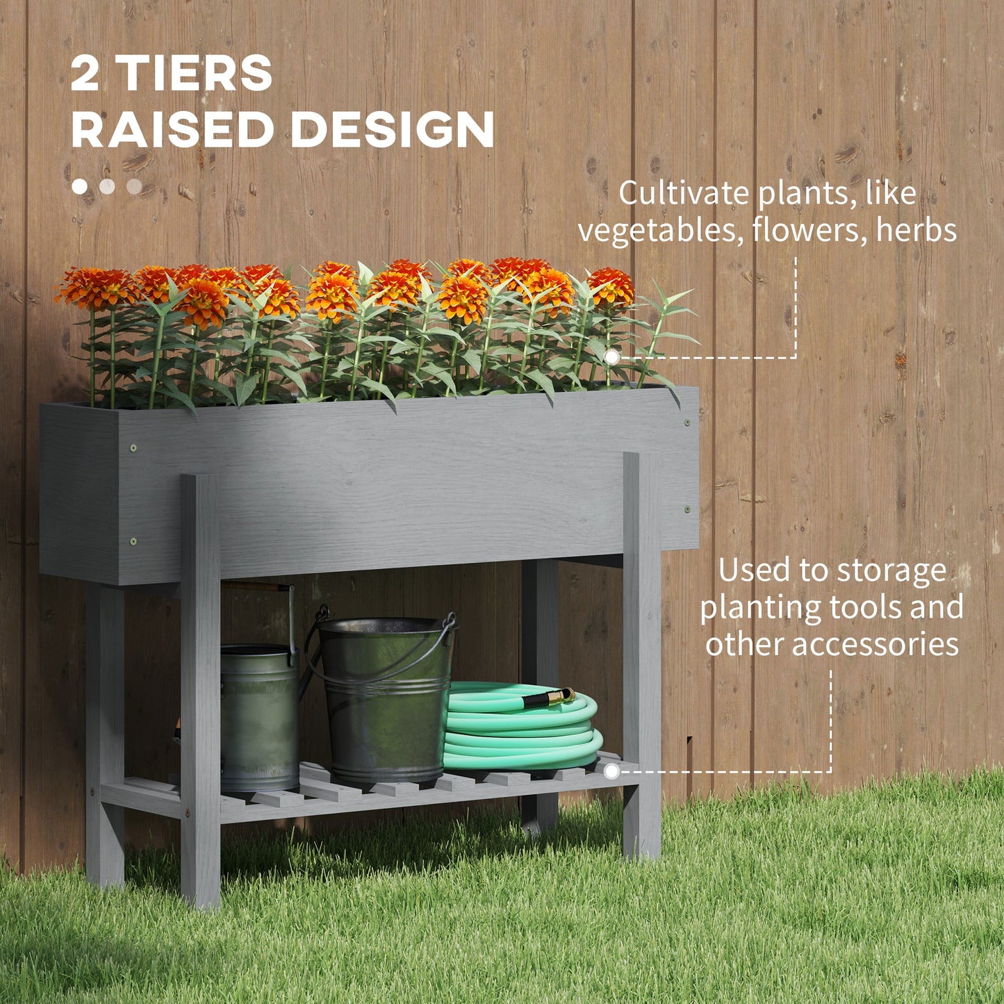 Outsunny Wooden Raised Garden Bed with Bed Liner & Storage Shelf | Grey or Natural