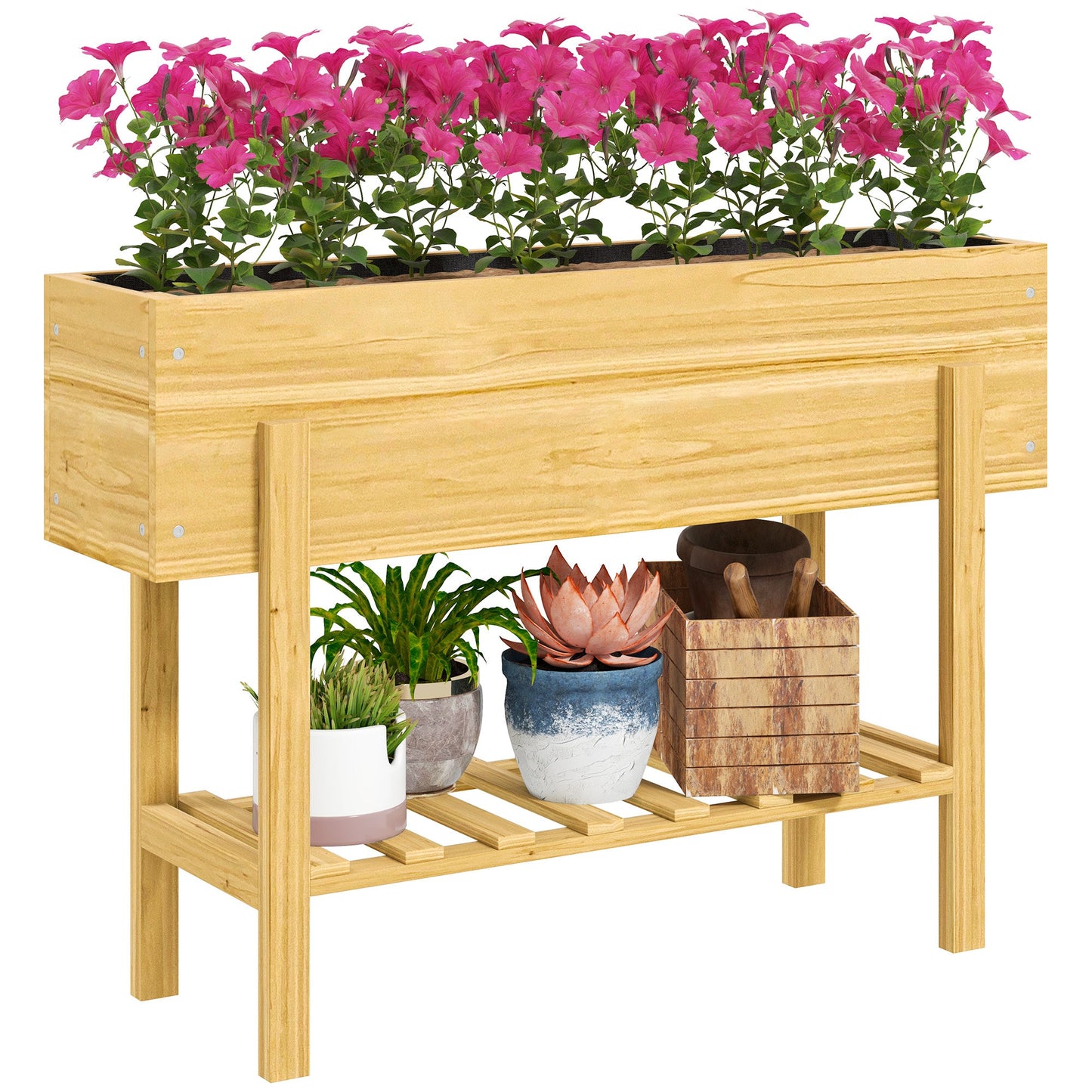 Outsunny Wooden Raised Garden Bed with Bed Liner & Storage Shelf | Grey or Natural