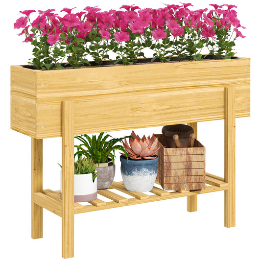 Outsunny Wooden Raised Garden Bed with Bed Liner & Storage Shelf | Grey or Natural