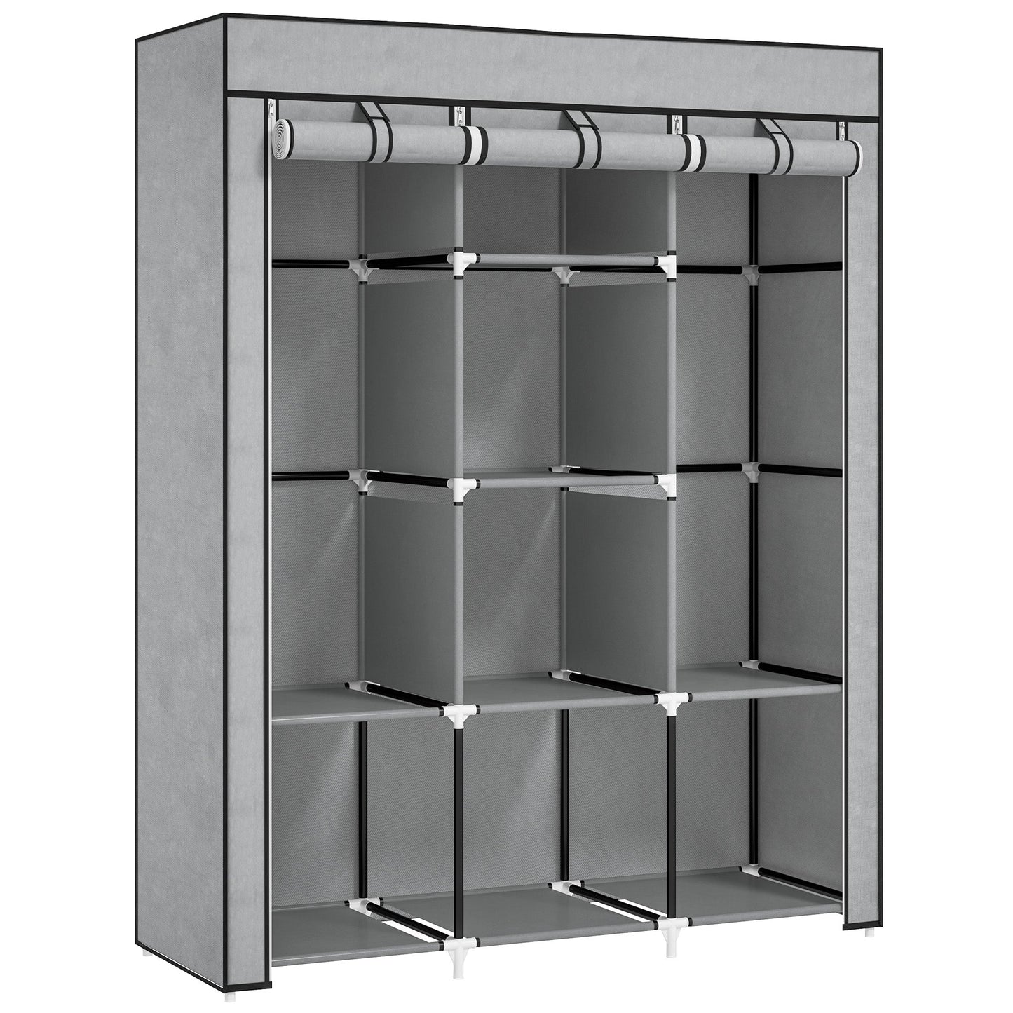 HOMCOM 8-Shelf Portable Fabric Wardrobe with 2 Hanging Rails | Beige, Grey & Black