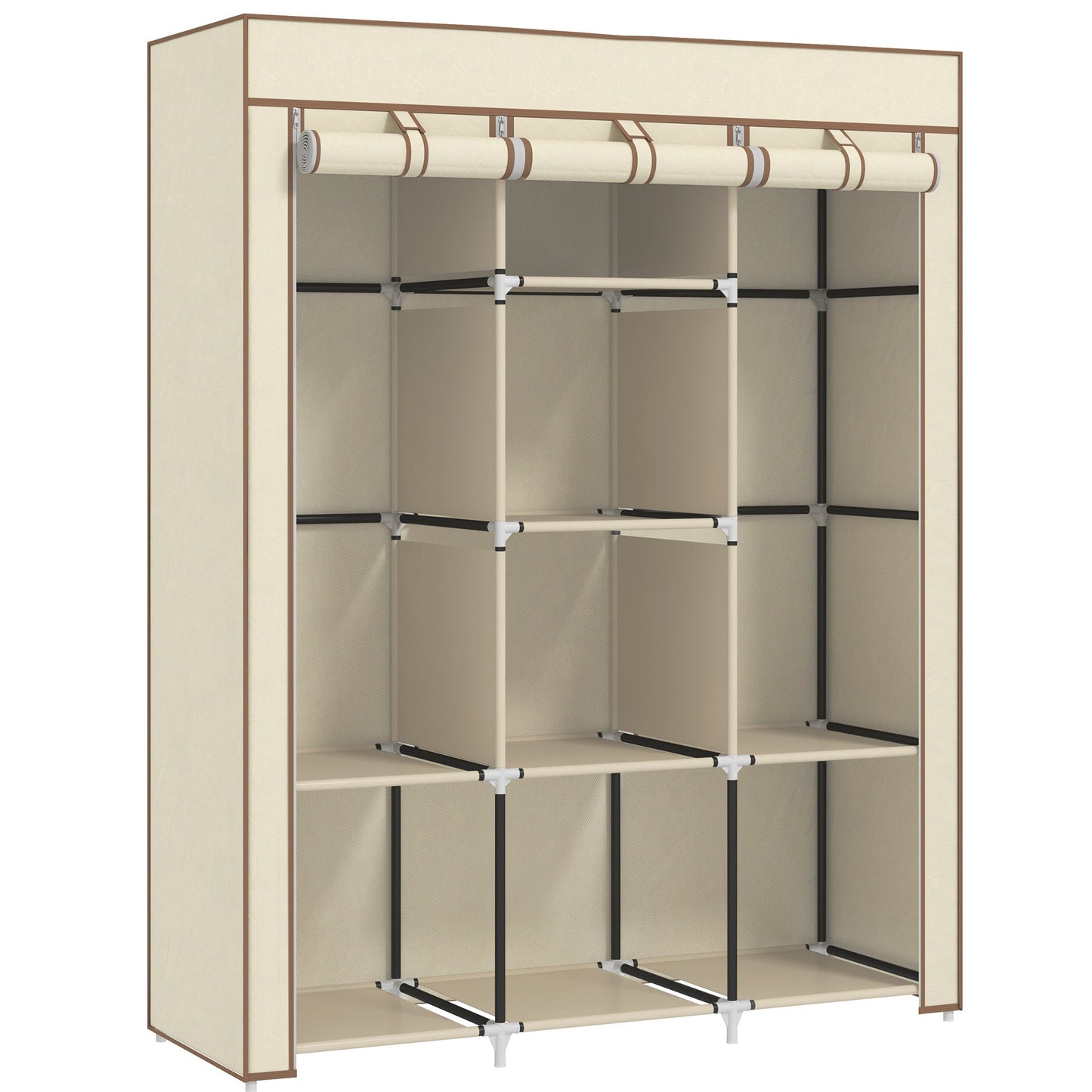 HOMCOM 8-Shelf Portable Fabric Wardrobe with 2 Hanging Rails | Beige, Grey & Black