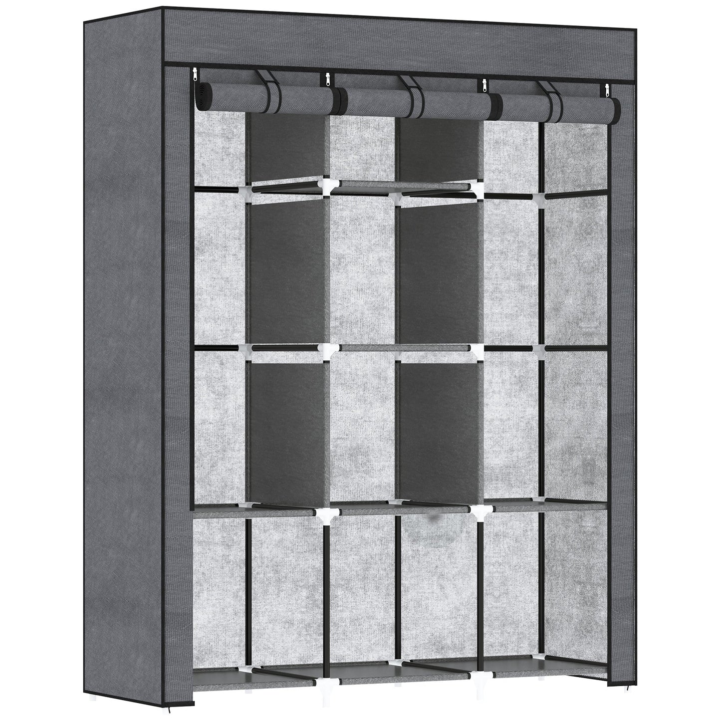 HOMCOM 8-Shelf Portable Fabric Wardrobe with 2 Hanging Rails | Beige, Grey & Black