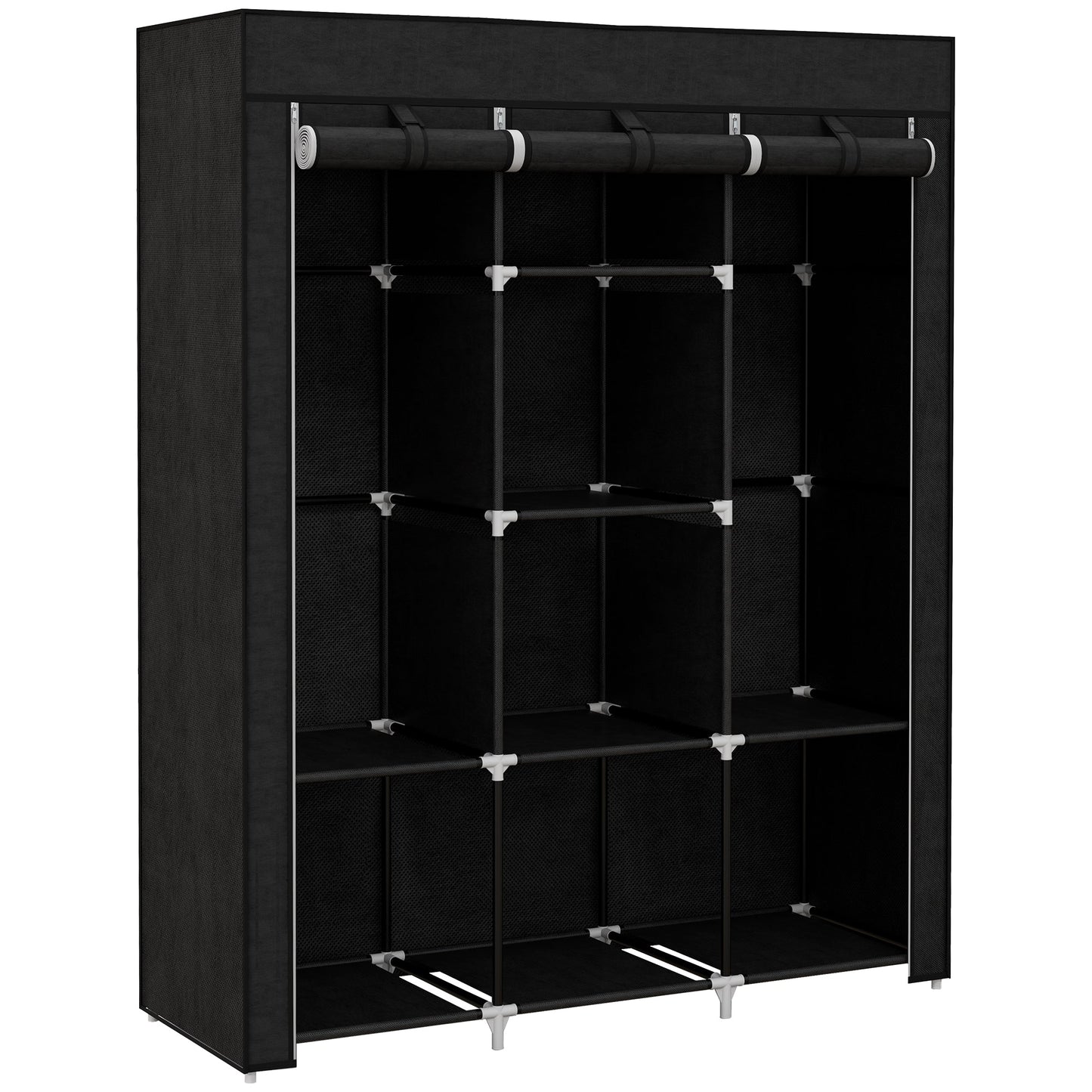 HOMCOM 8-Shelf Portable Fabric Wardrobe with 2 Hanging Rails | Beige, Grey & Black