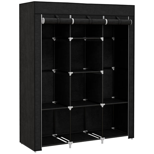 HOMCOM 8-Shelf Portable Fabric Wardrobe with 2 Hanging Rails | Beige, Grey & Black