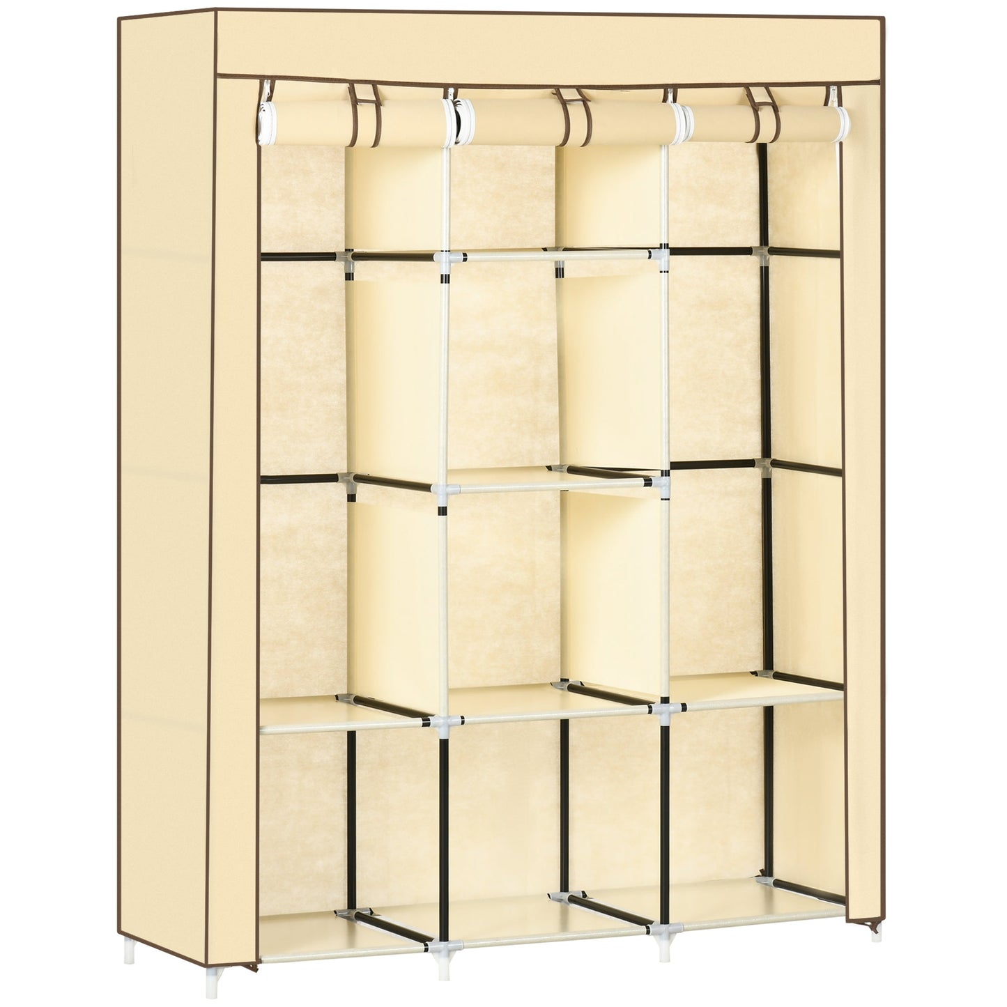 HOMCOM 8-Shelf Portable Fabric Wardrobe with 2 Hanging Rails | Beige, Grey & Black