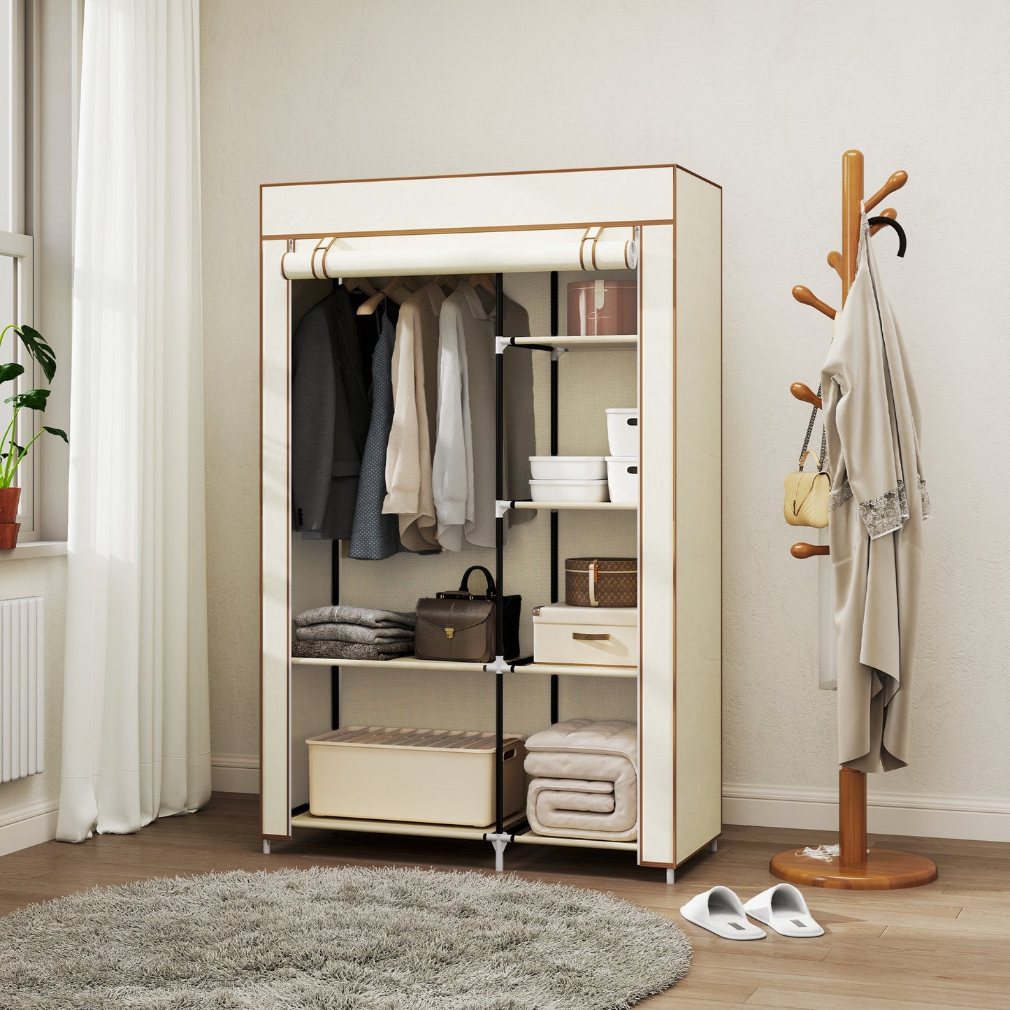 HOMCOM Fabric Wardrobe with Hanging Rail & Shelves | Foldable Clothes Closet | Dark Grey / Cream