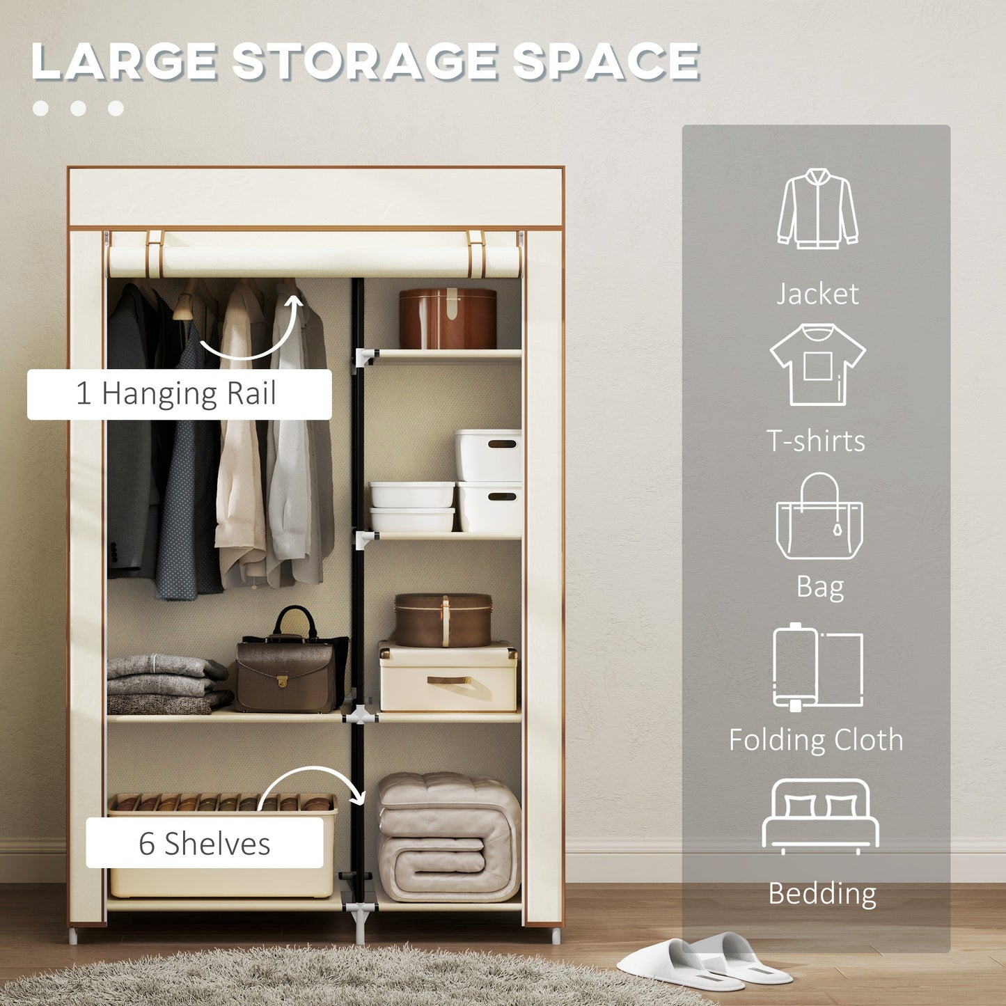HOMCOM Fabric Wardrobe with Hanging Rail & Shelves | Foldable Clothes Closet | Dark Grey / Cream