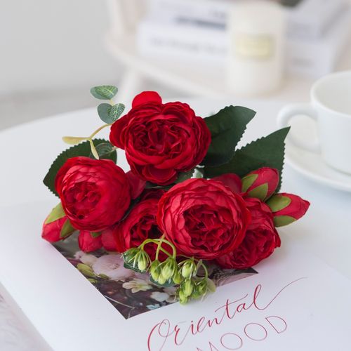 HUALIANQI Red Silk Peony Roses - Elegant Artificial Bouquet for Weddings