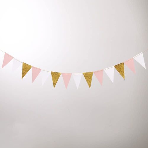 10Ft Pink White Gold Triangle Garland Banner for Party Decor