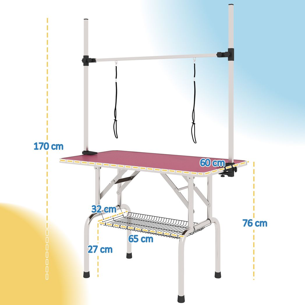 PawHut Adjustable Dog Grooming Table | Rubber Non-Slip Top, 2 Safety Slings, Mesh Basket – Pink