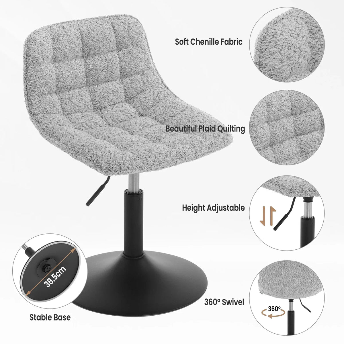 Velvet/Chenille Bar Stool - Soft Swivel Height Adjustable Kitchen Chair Backrest