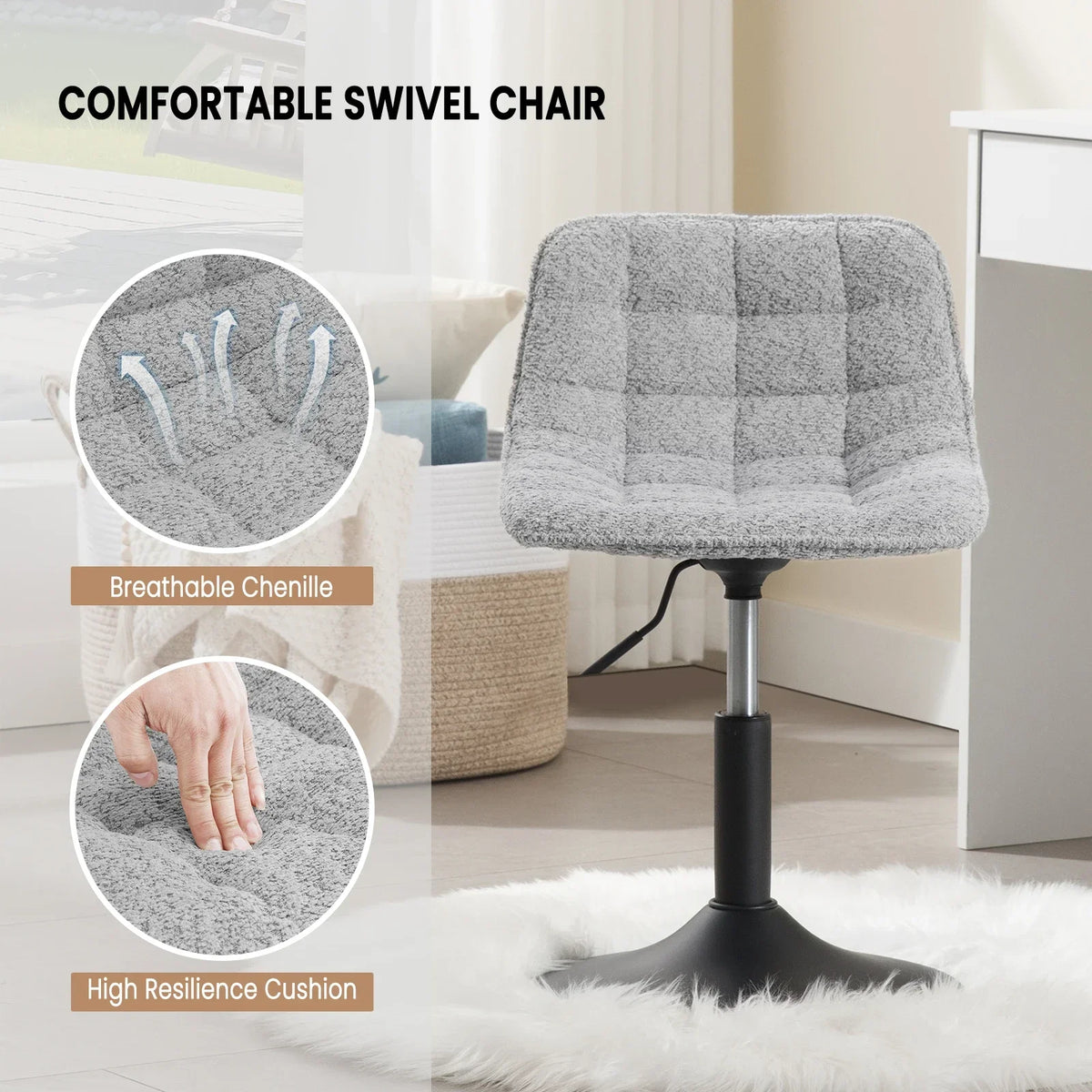 Velvet/Chenille Bar Stool - Soft Swivel Height Adjustable Kitchen Chair Backrest