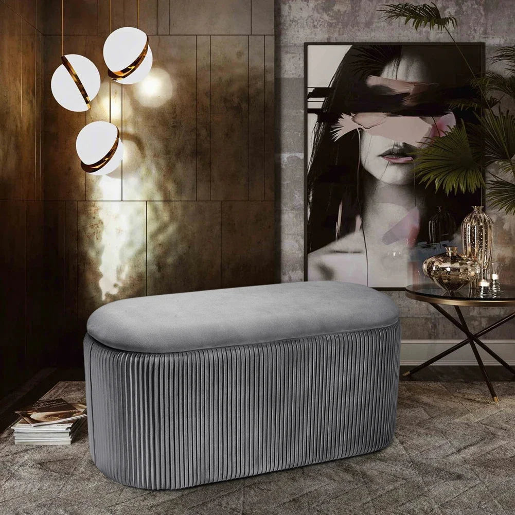 Velvet Storage Ottoman Footstool – Modern Grey Bedroom Stool Soft Chair Bench