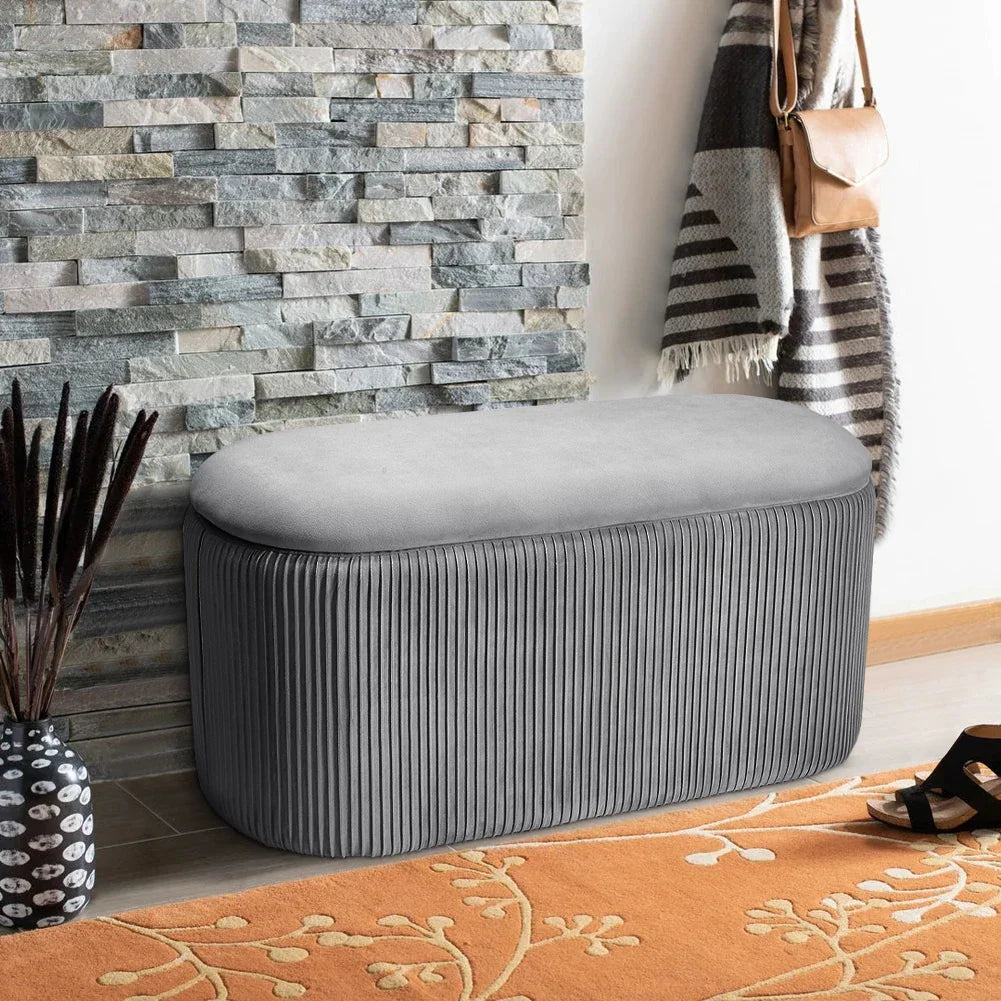 Velvet Storage Ottoman Footstool – Modern Grey Bedroom Stool Soft Chair Bench
