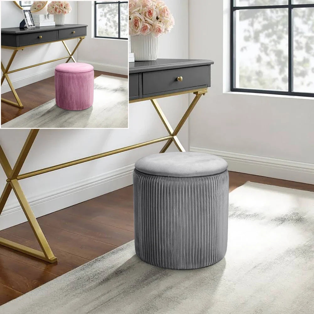 Velvet Storage Ottoman Footstool – Modern Grey Bedroom Stool Soft Chair Bench