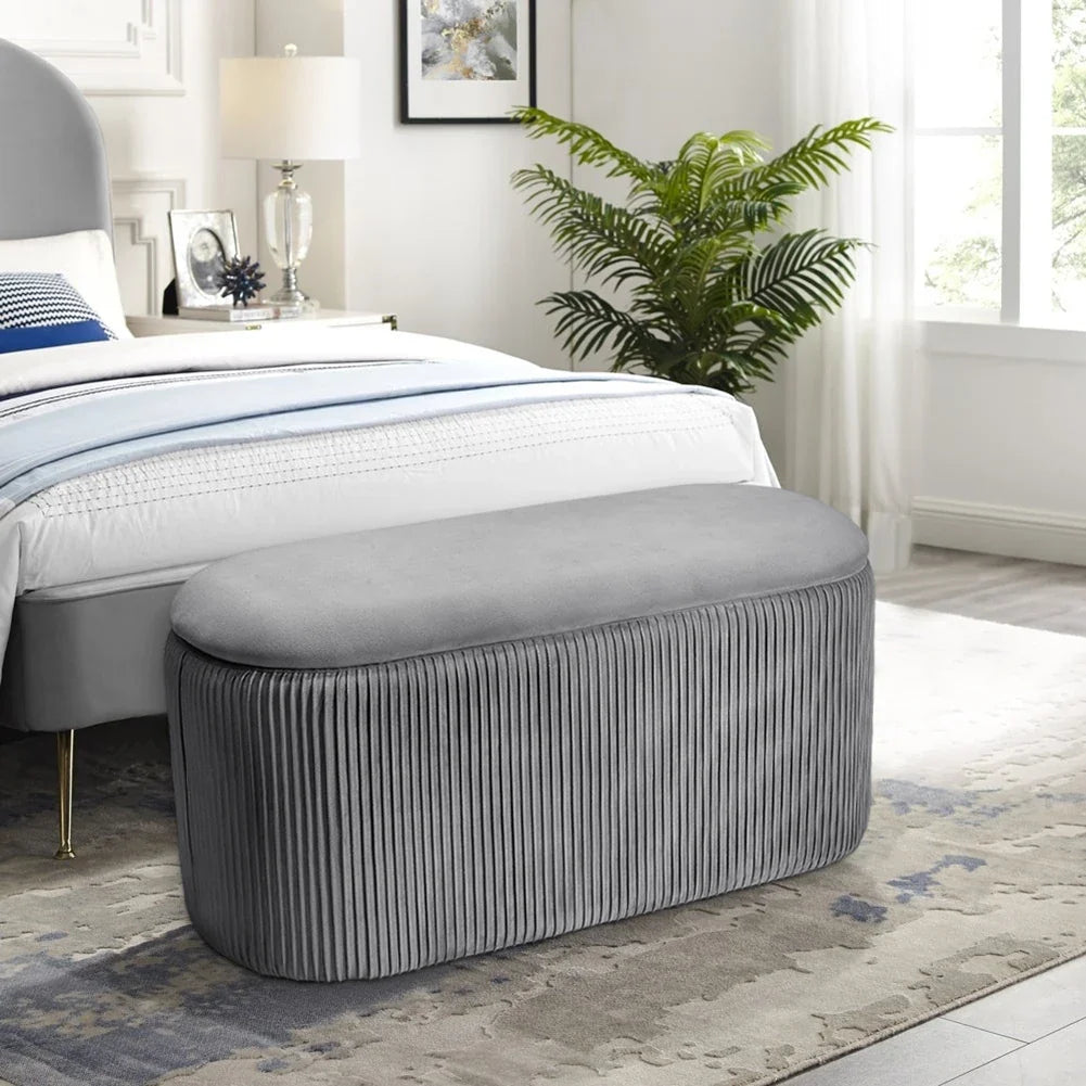 Velvet Storage Ottoman Footstool – Modern Grey Bedroom Stool Soft Chair Bench