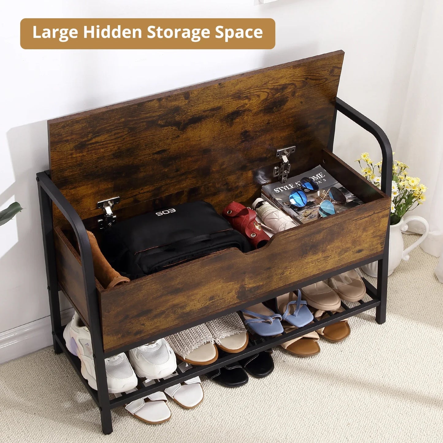 84cm Vintage Shoe Storage Bench with Lift-Top | Entryway Seat & Shoe Rack
