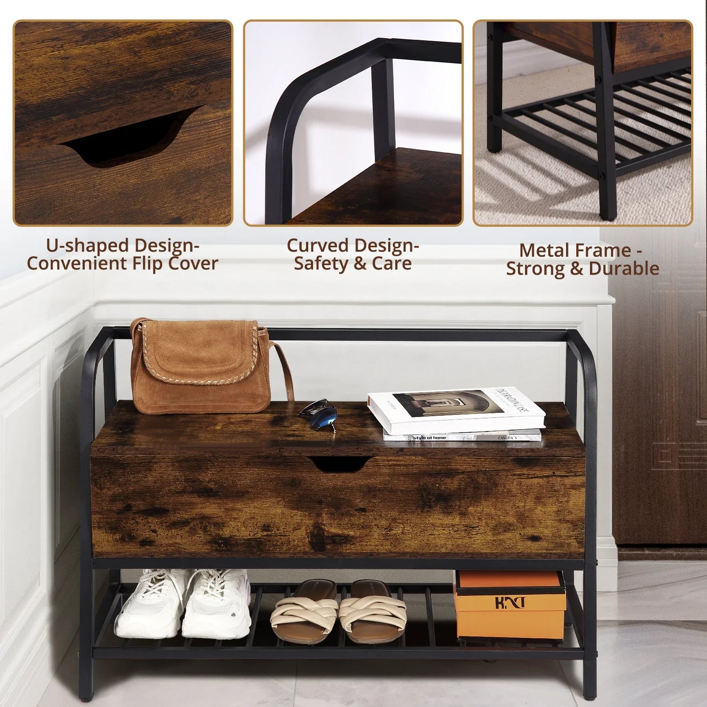 84cm Vintage Shoe Storage Bench with Lift-Top | Entryway Seat & Shoe Rack
