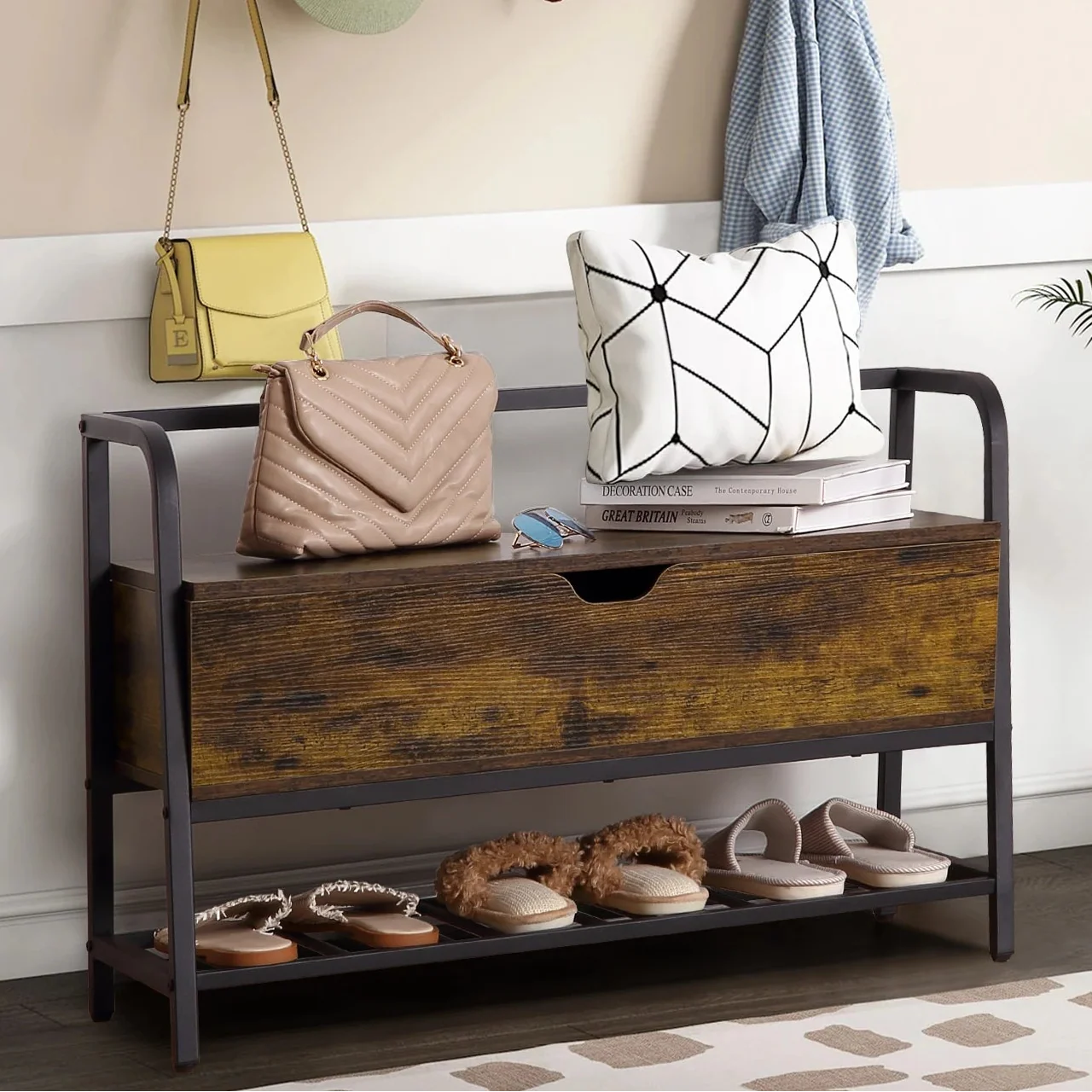 84cm Vintage Shoe Storage Bench with Lift-Top | Entryway Seat & Shoe Rack