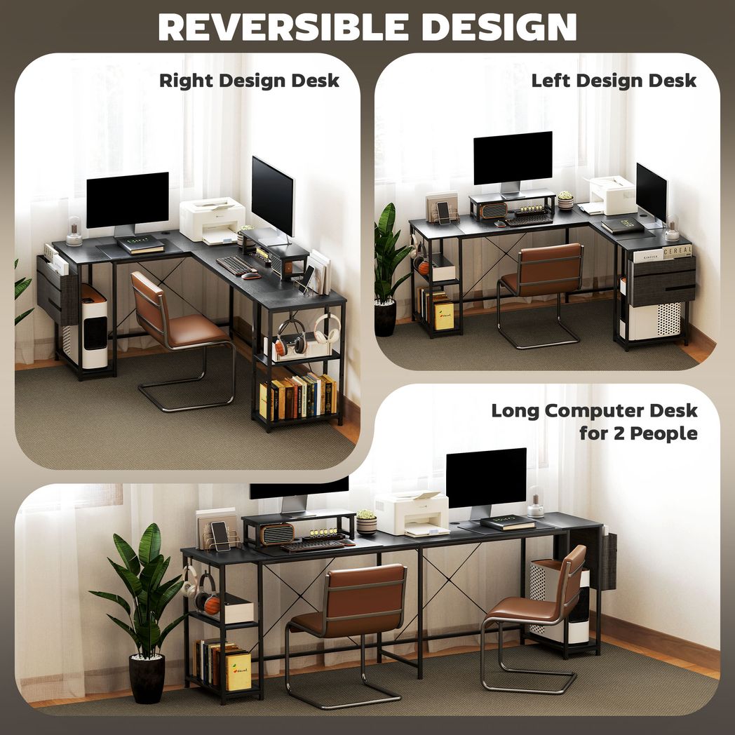 HOMCOM L-Shaped Desk 168cm | Reversible Corner Desk & 240cm Two-Person Workstation – Black/Rustic Brown