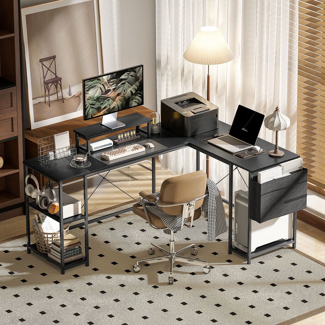 HOMCOM L-Shaped Desk 168cm | Reversible Corner Desk & 240cm Two-Person Workstation – Black/Rustic Brown