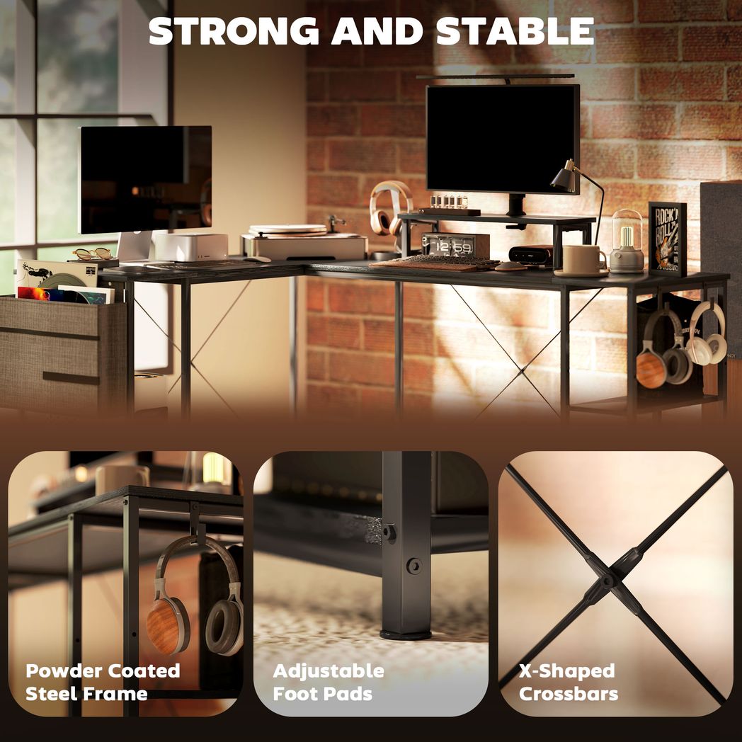 HOMCOM L-Shaped Desk 168cm | Reversible Corner Desk & 240cm Two-Person Workstation – Black/Rustic Brown