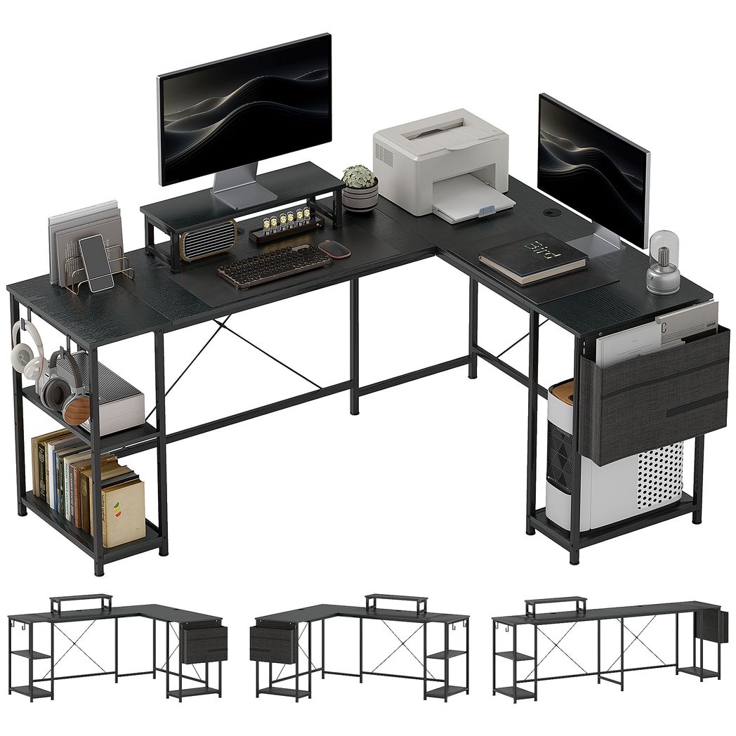 HOMCOM L-Shaped Desk 168cm | Reversible Corner Desk & 240cm Two-Person Workstation – Black/Rustic Brown
