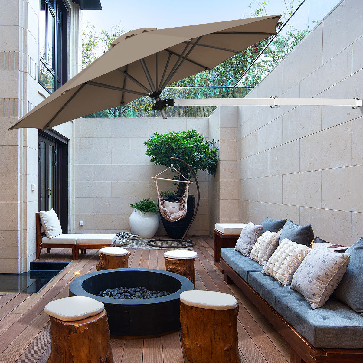 Outdoor Tilting Sunshade Umbrella with Large Shading Area-Beige