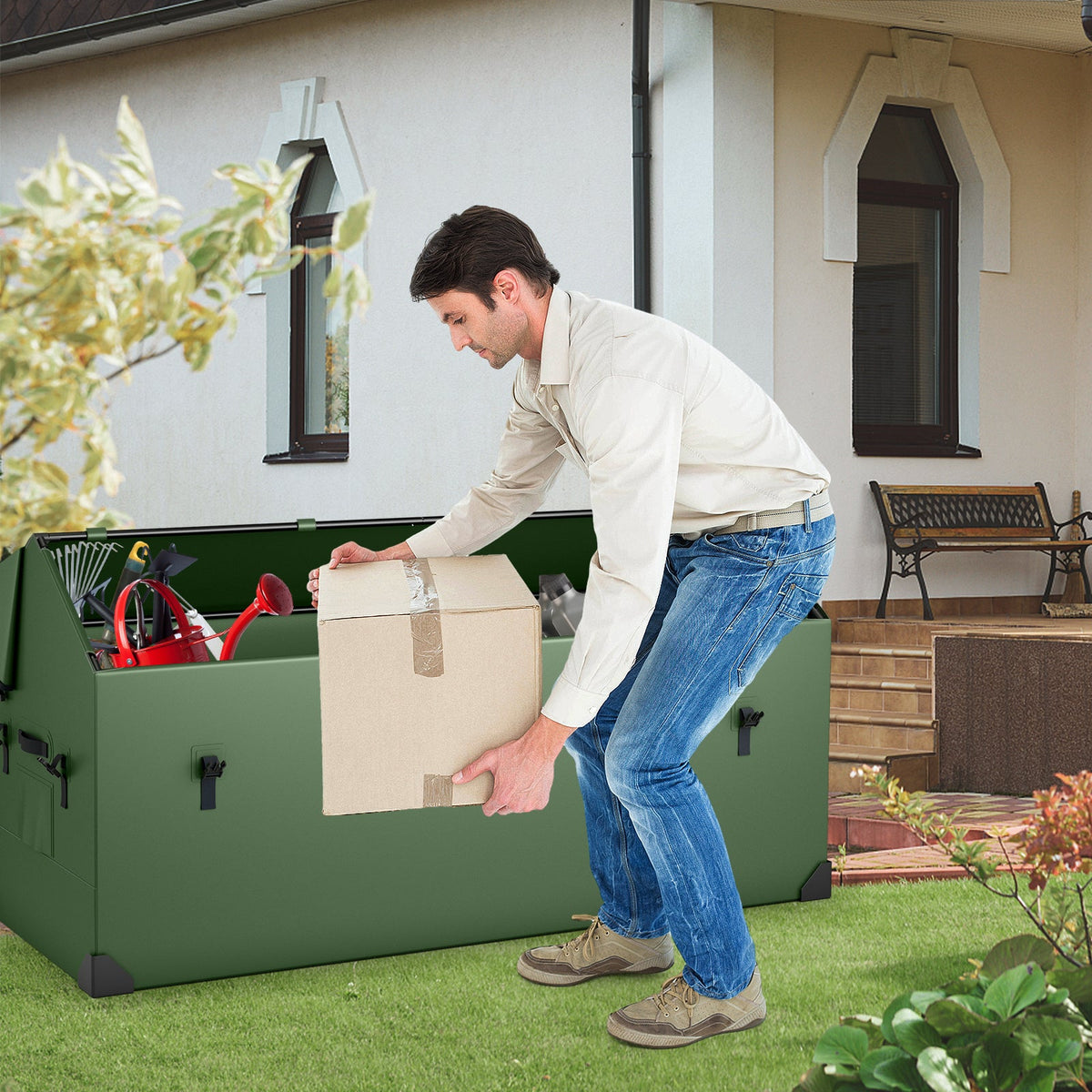 658L Outdoor Storage Box Tarpaulin Deck Box with Ventilated Window-Green